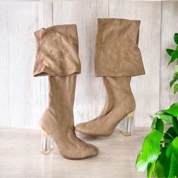 Truffle Collection Boots womens 8.5 Tan Knee High Theda Clear Heel Pull On - Picture 1 of 10